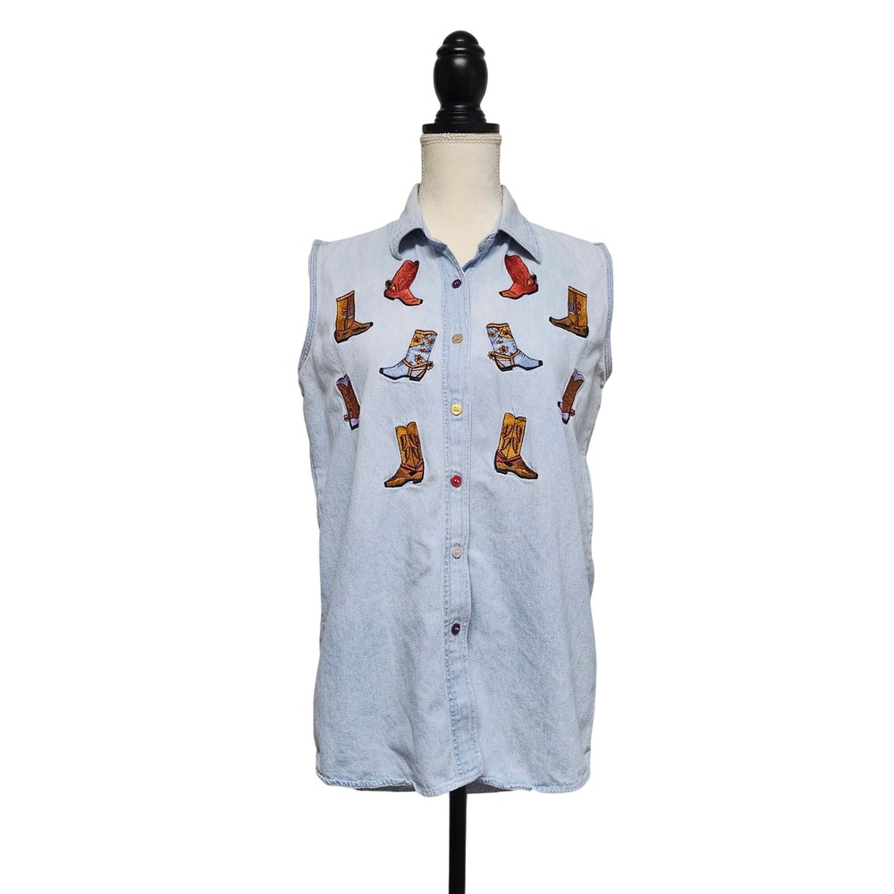 Vintage Cowgirl Boot Denim Button Front Tunic Top Size M Western Nashville
